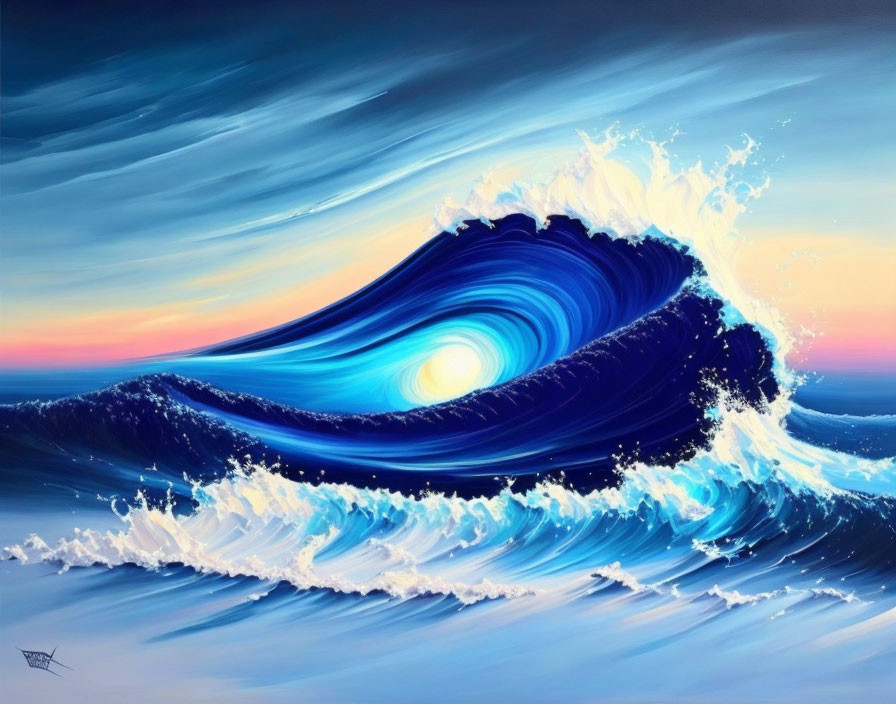 Vibrant ocean wave painting with sunset sky in rich blues and whites