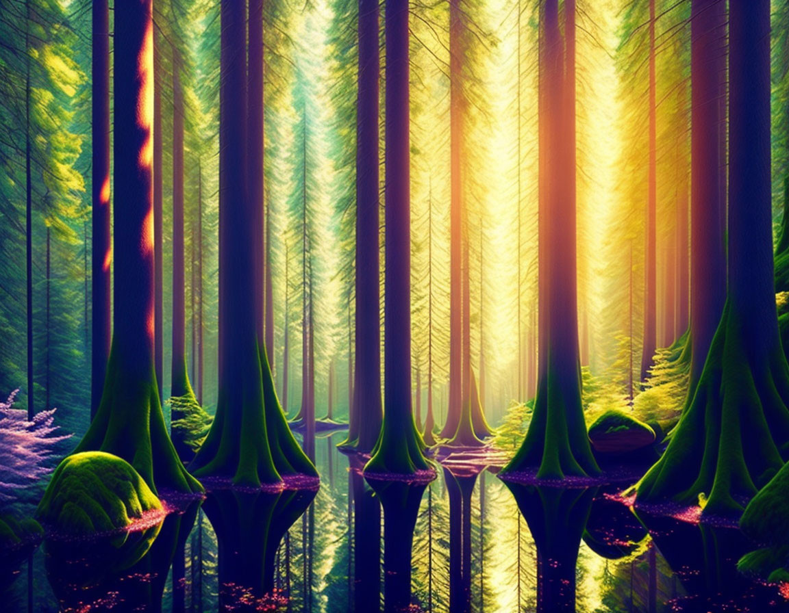 Vibrant forest scene with tall trees, mushroom-like structures, and reflective water surface.