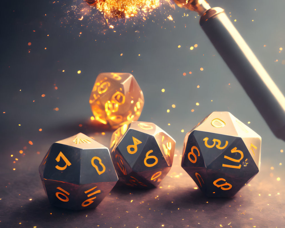 Polyhedral dice with sparks and magical aura on dark fantasy background