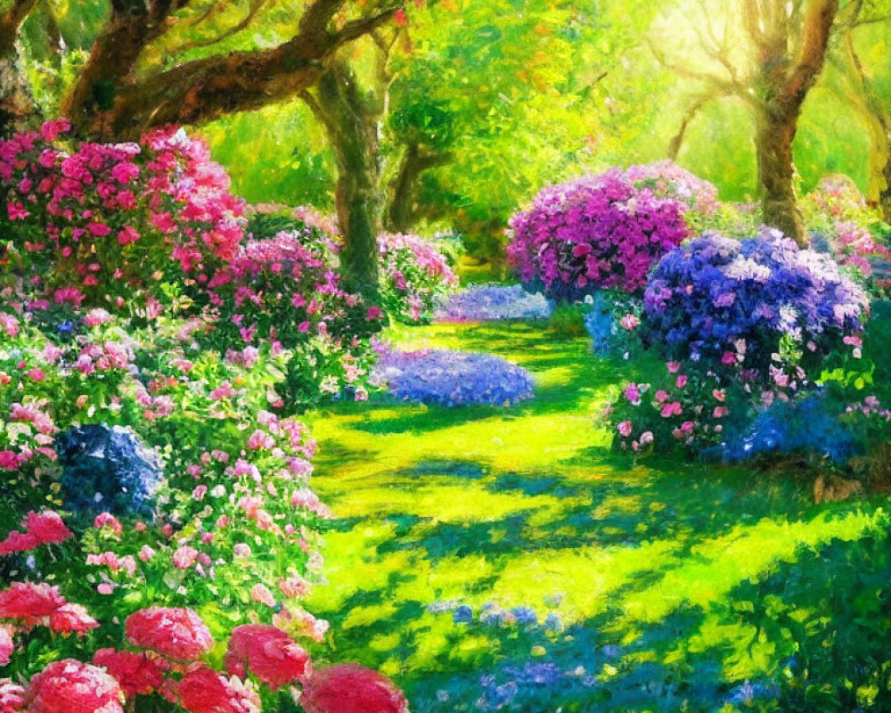 Lush garden pathway with green trees and blooming flowers