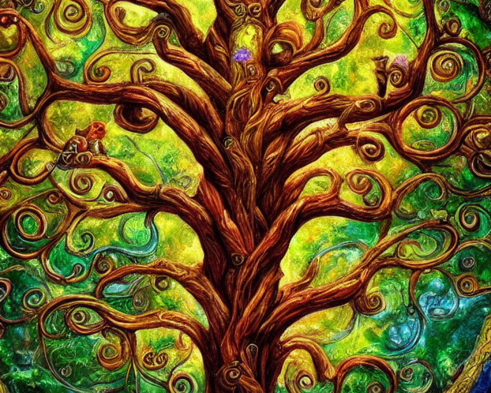 Colorful whimsical tree painting with swirling branches and celestial backdrop