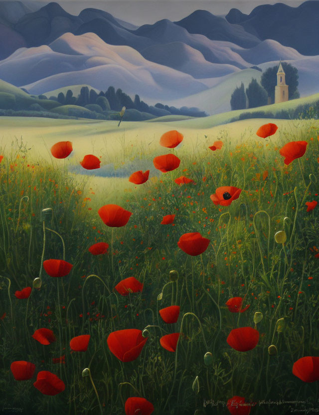 Scenic painting of red poppies, green hills, and clock tower landscape