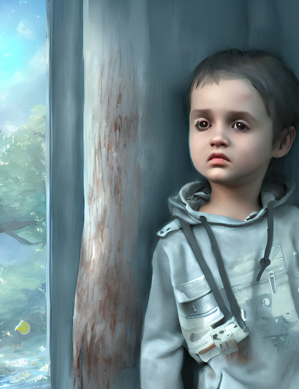 Young boy in dirty hoodie by tree in digital painting