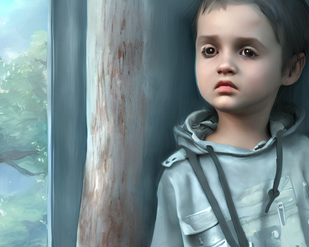 Young boy in dirty hoodie by tree in digital painting