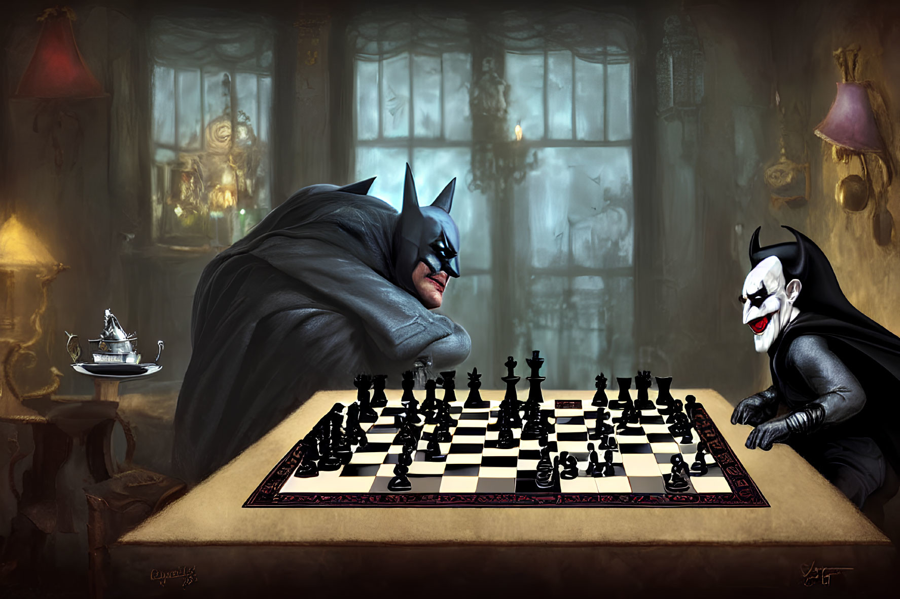 Stylized Batman characters playing chess in gothic room