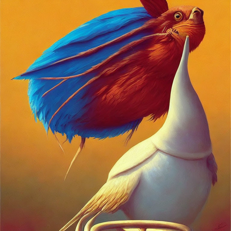 Colorful digital art: Parrot's blue feathers merge with white cockatoo body on orange backdrop