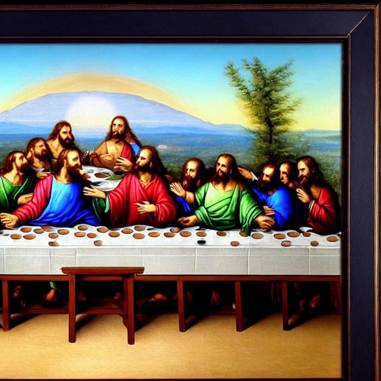 Religious painting of The Last Supper on white wall