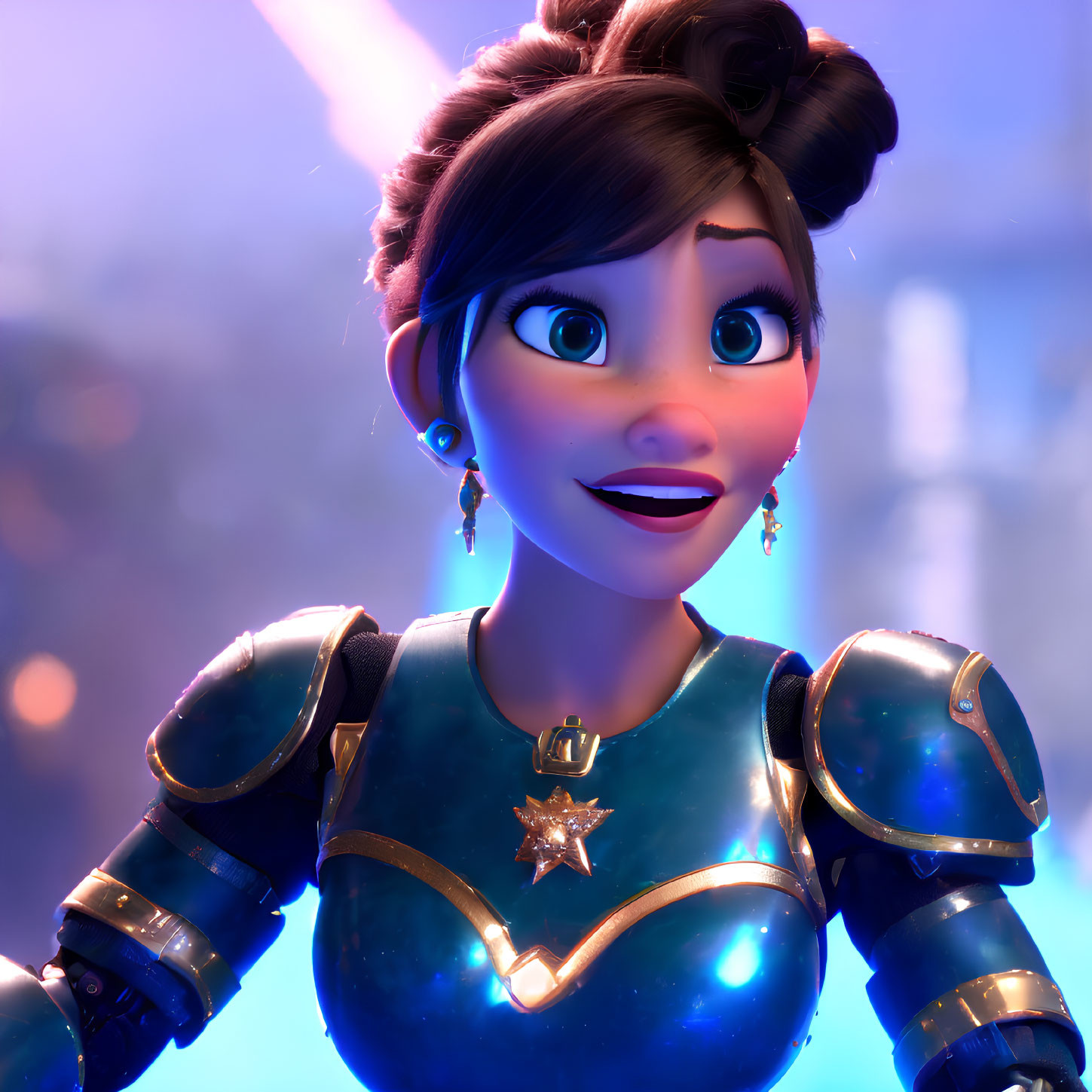 Brown Hair Updo on Female Character in Futuristic Blue Armor