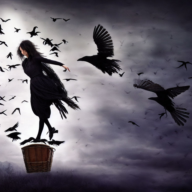 Floating woman in black dress above crows in dark sky