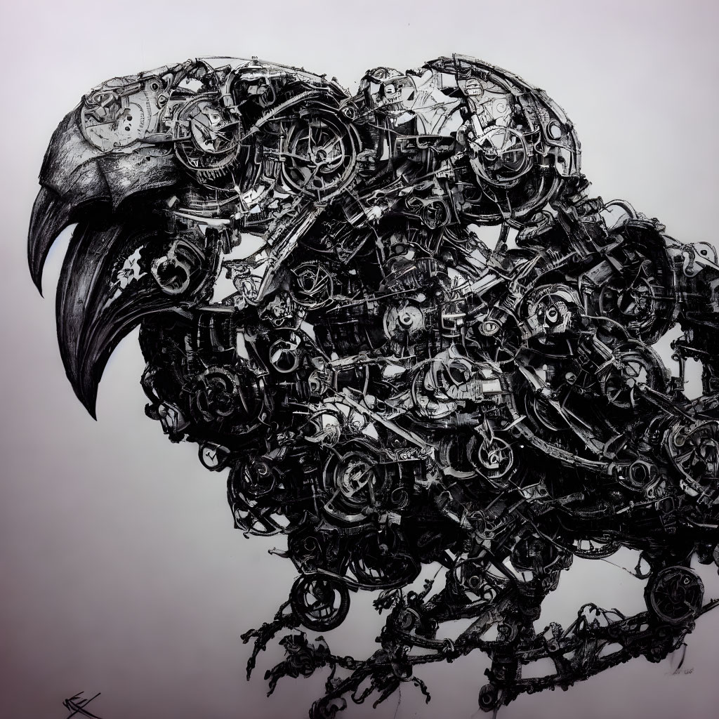 Detailed Black and White Mechanical Eagle Illustration with Gears and Bolts