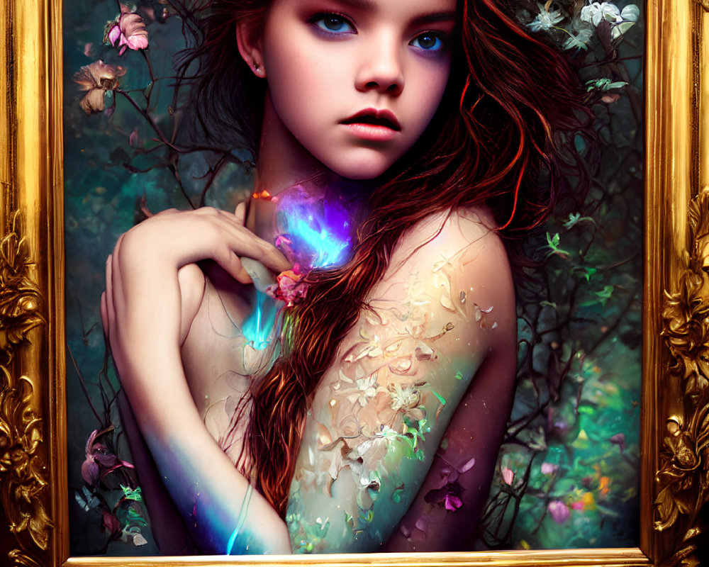 Ethereal girl with flower skin in ornate golden frame and mystical light.