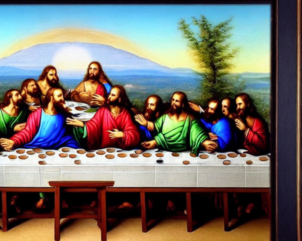 Religious painting of The Last Supper on white wall