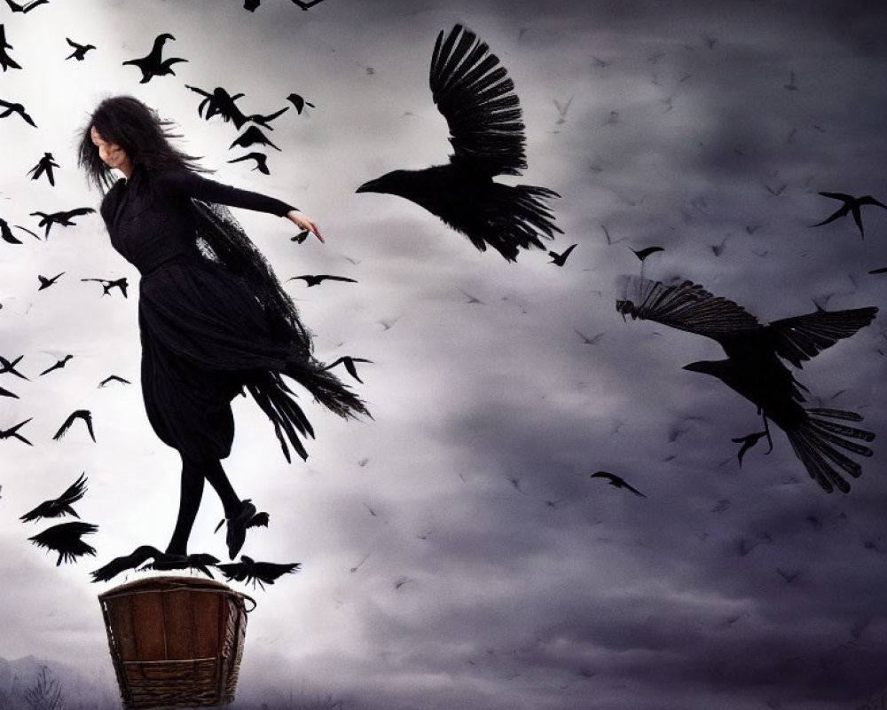 Floating woman in black dress above crows in dark sky