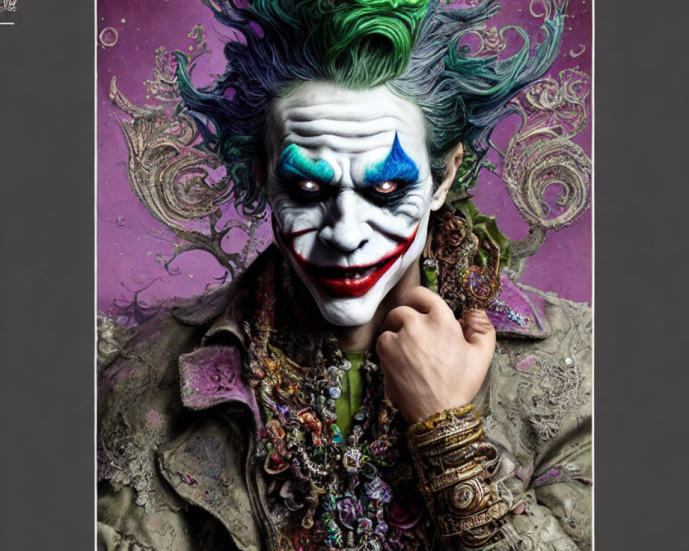 Colorful Joker portrayal with green hair, ornate costume, and whimsical expression