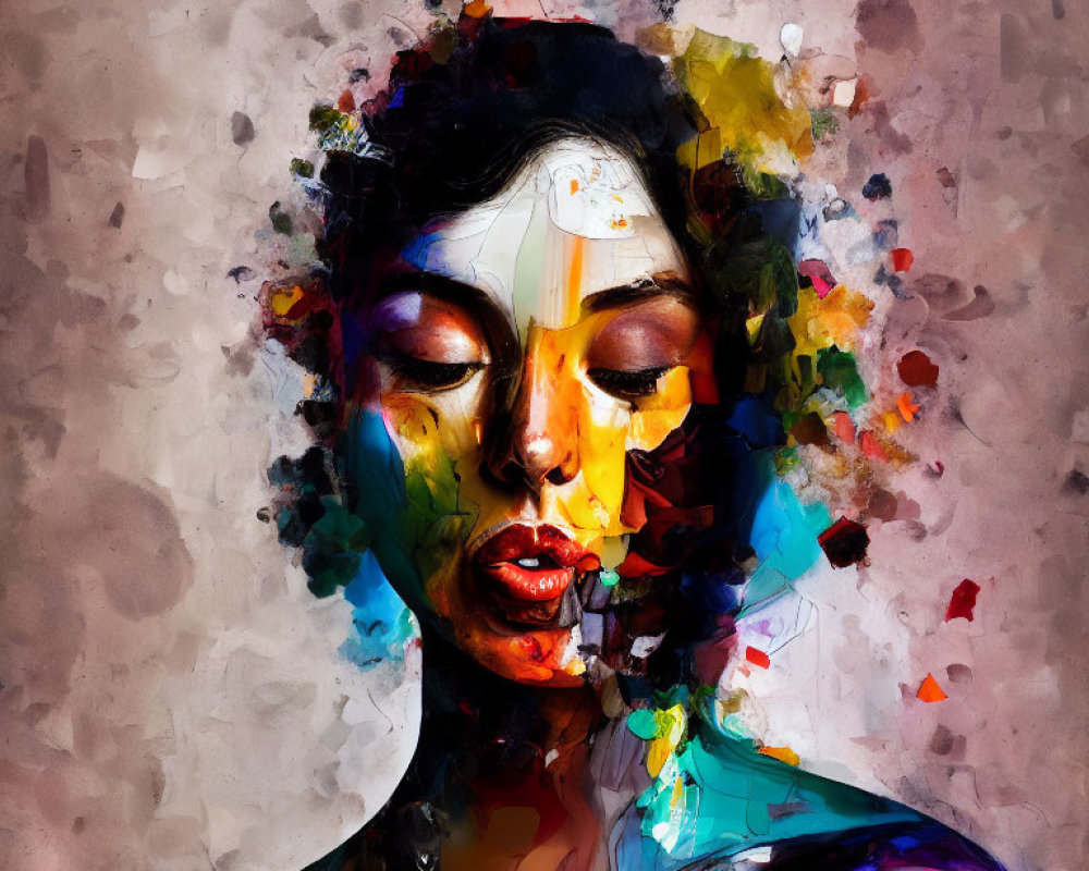 Colorful Abstract Portrait of Woman's Face with Vibrant Paint Splashes