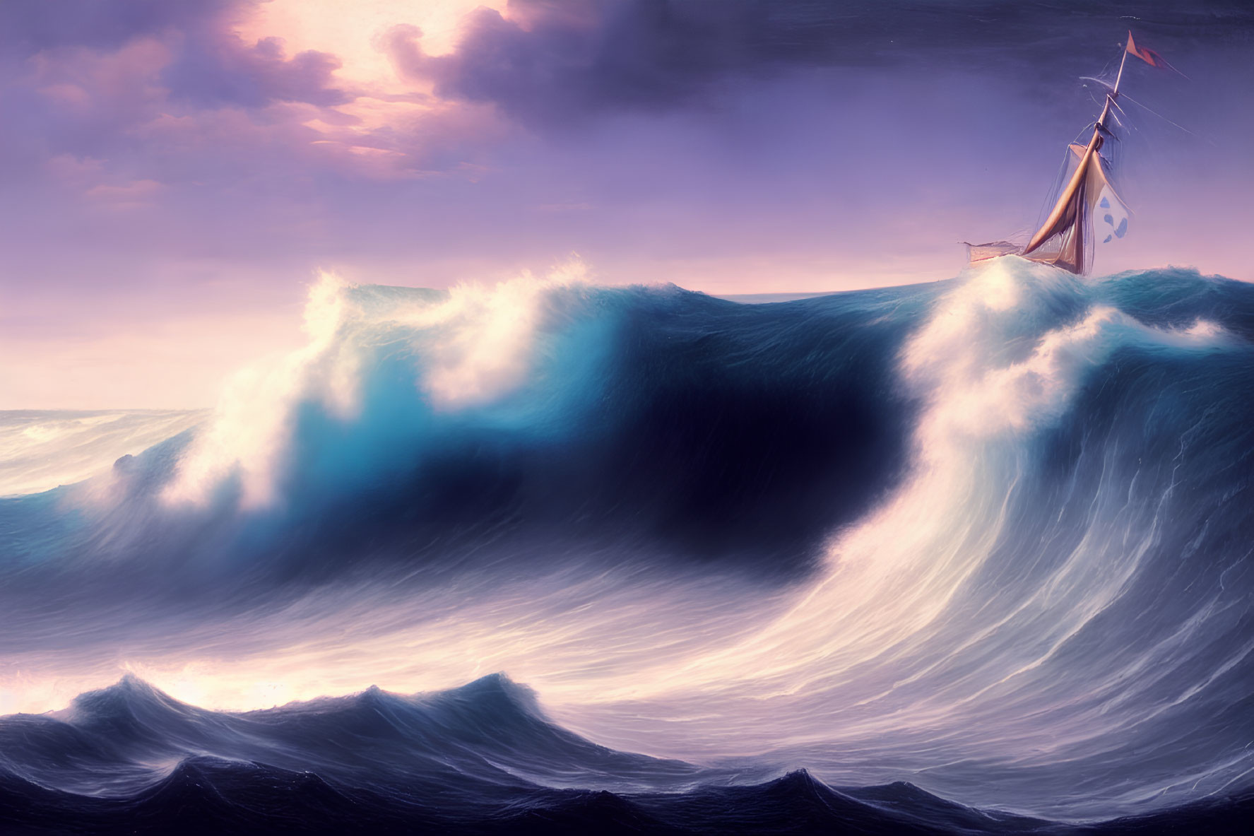 Sailboat with white flag and spade symbol on massive ocean wave under purple sky