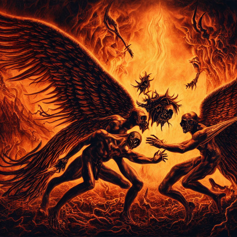 Fantasy illustration of winged figures clashing in fiery conflict