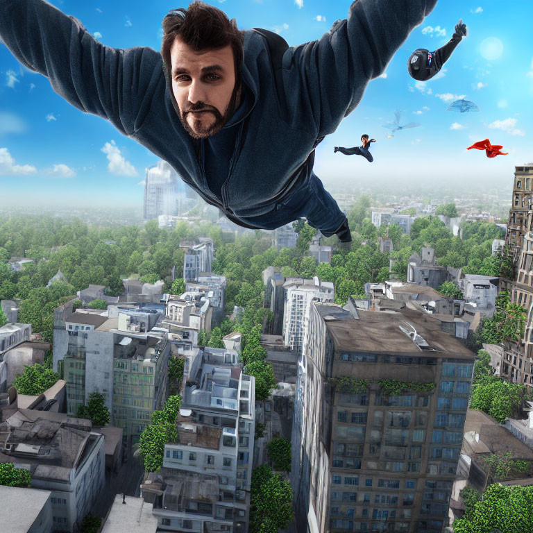 Man flying above cityscape with superhero stance and miniature superheroes in background.