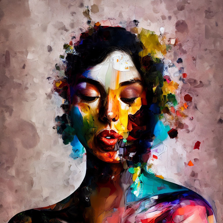 Colorful Abstract Portrait of Woman's Face with Vibrant Paint Splashes