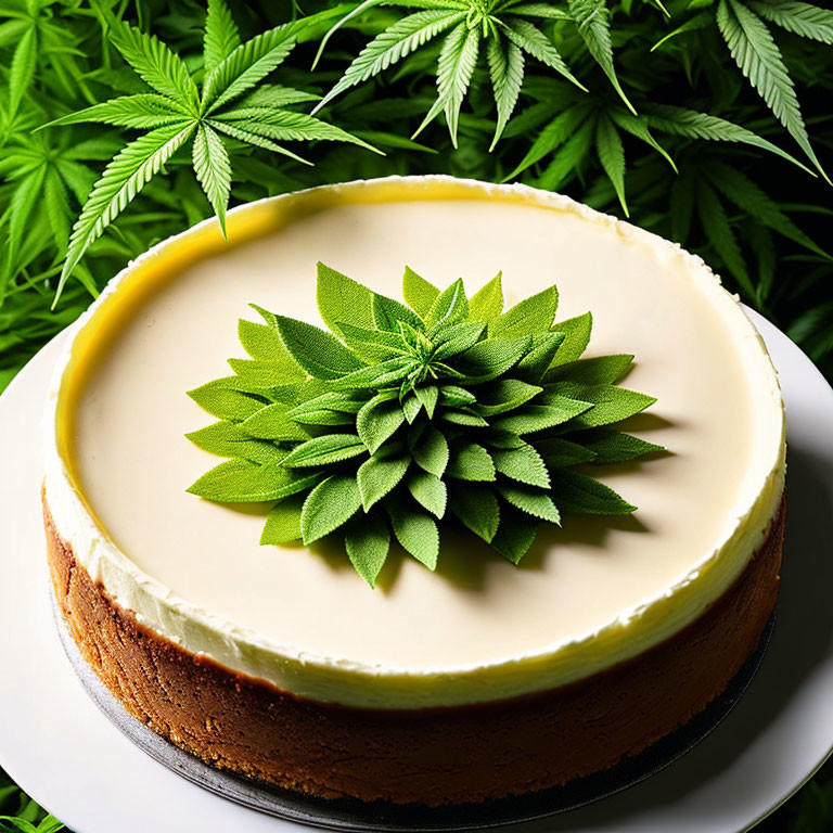 Cannabis Leaf Cheesecake with Plant Background