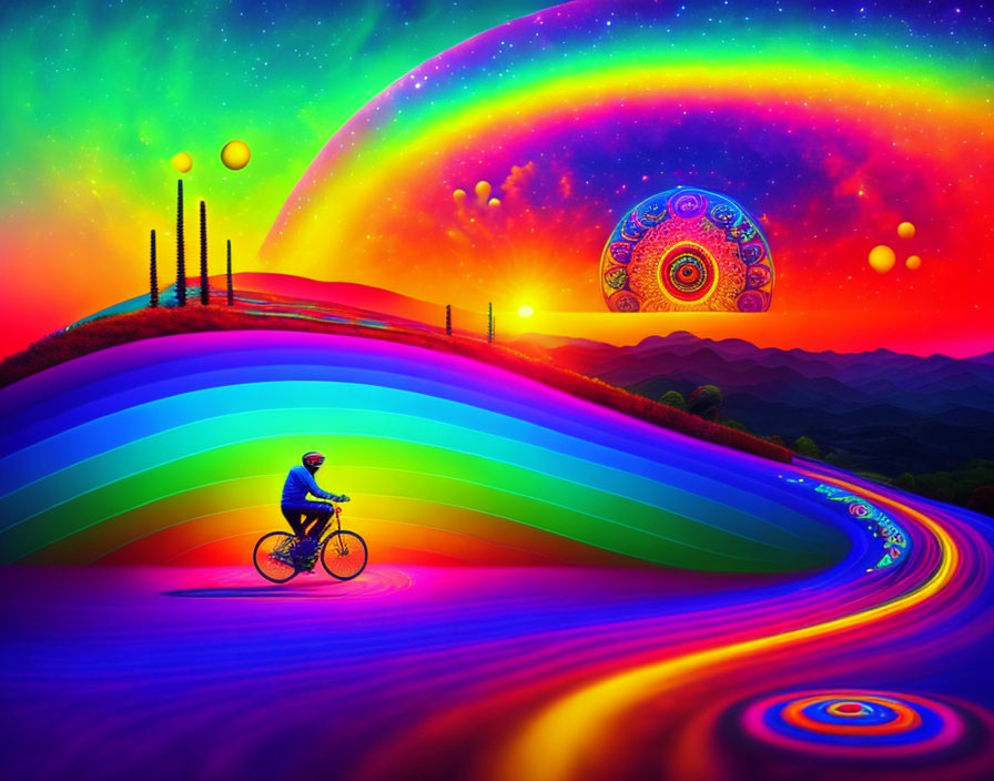 Colorful Cyclist Riding Through Surreal Landscape