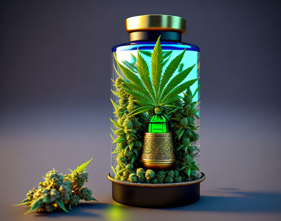 Translucent jar with cannabis leaves and buds next to gold-capped lid on dark surface