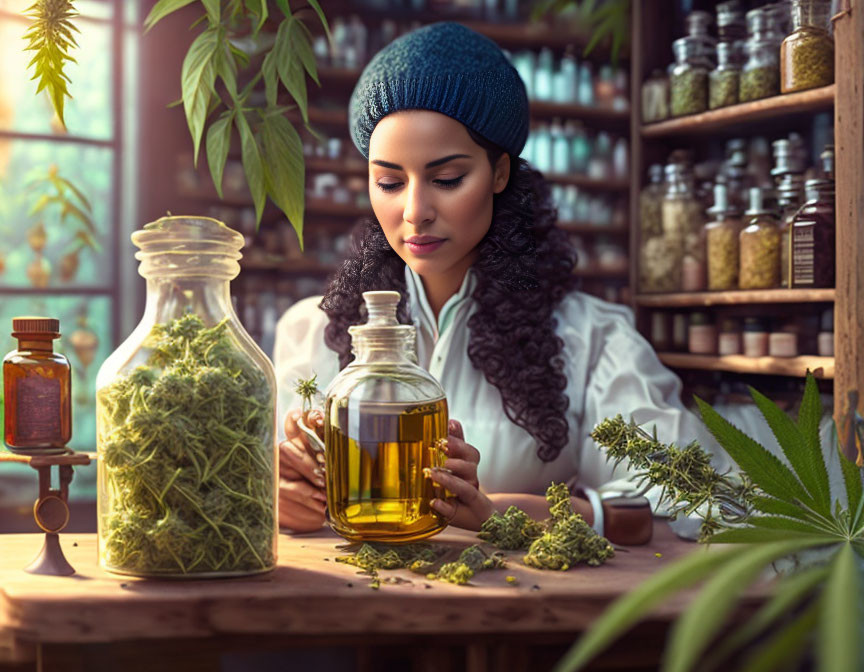 Woman inspects oil bottle in herbalist setting