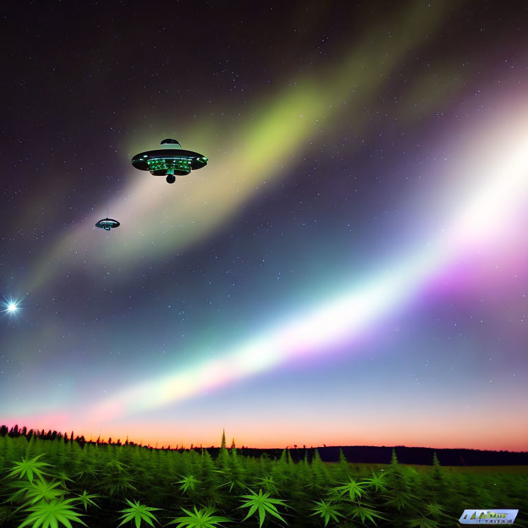 Vivid aurora borealis with UFOs in night sky