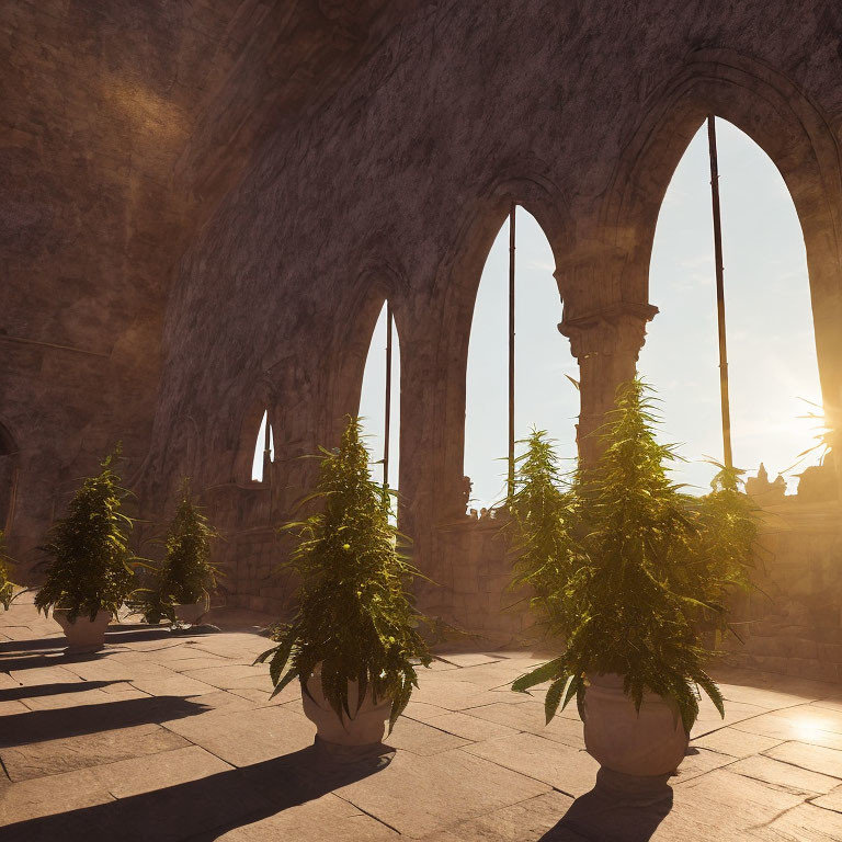 Tranquil courtyard with stone arches and potted plants under warm sunlight