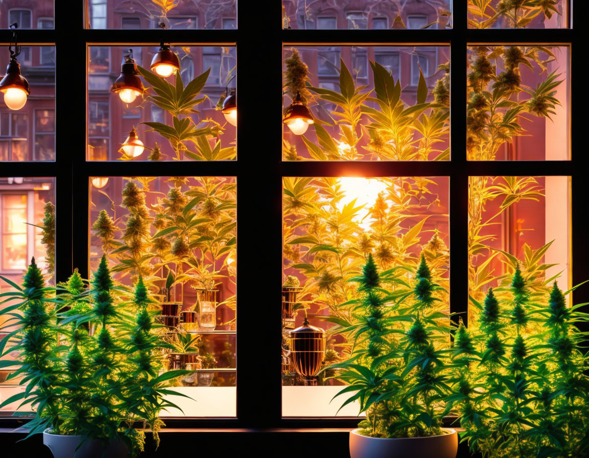 Urban indoor cannabis garden with warm lighting and cityscape view at dusk