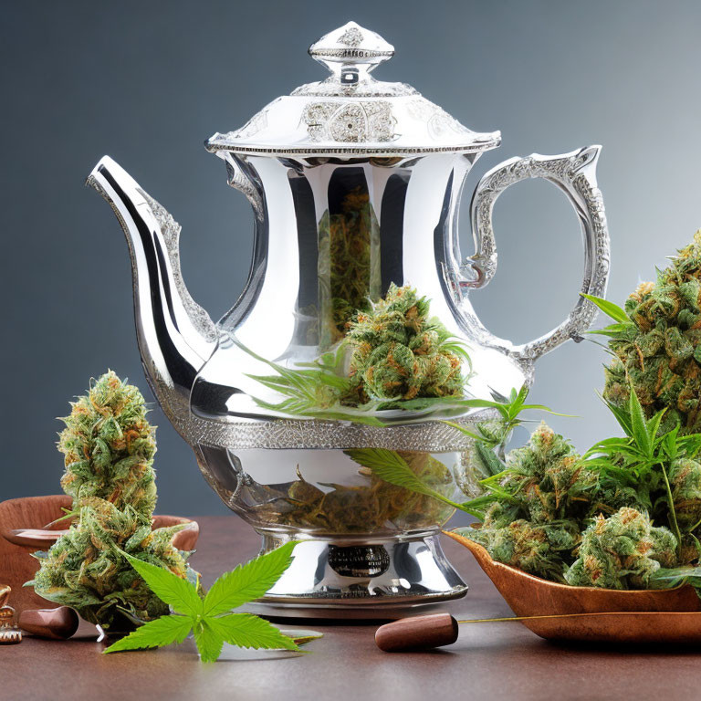 Silver Teapot with Cannabis Buds and Leaves on Grey Background