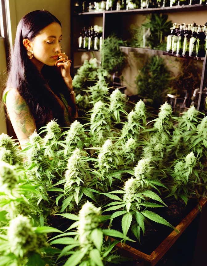 Long-Haired Person Contemplating Near Cannabis Plants and Bottles