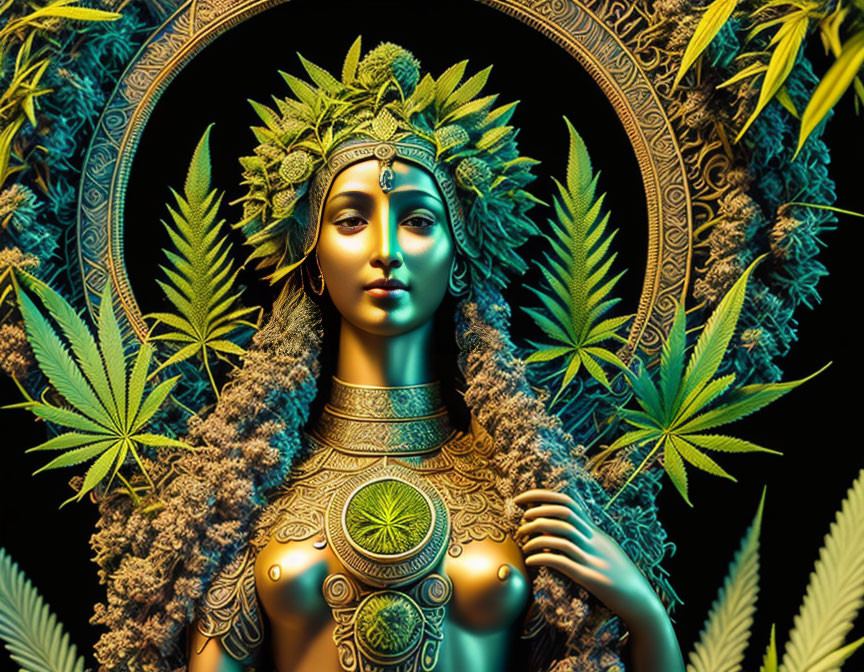 Digital Artwork: Woman with Cannabis-Themed Headpiece and Jewelry