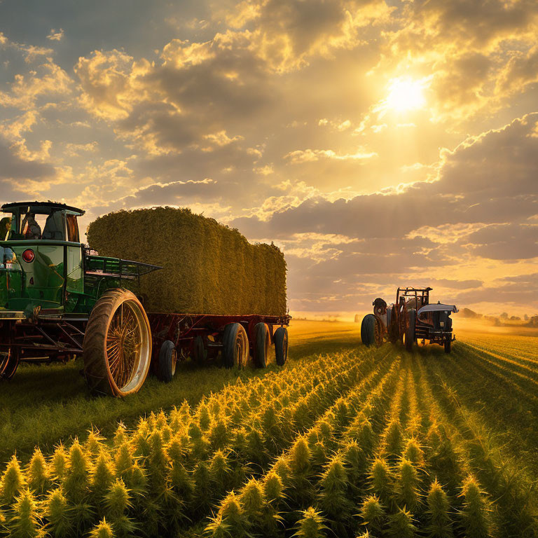 Tractor pulling hay bales trailer in farm field with crops under dramatic sky