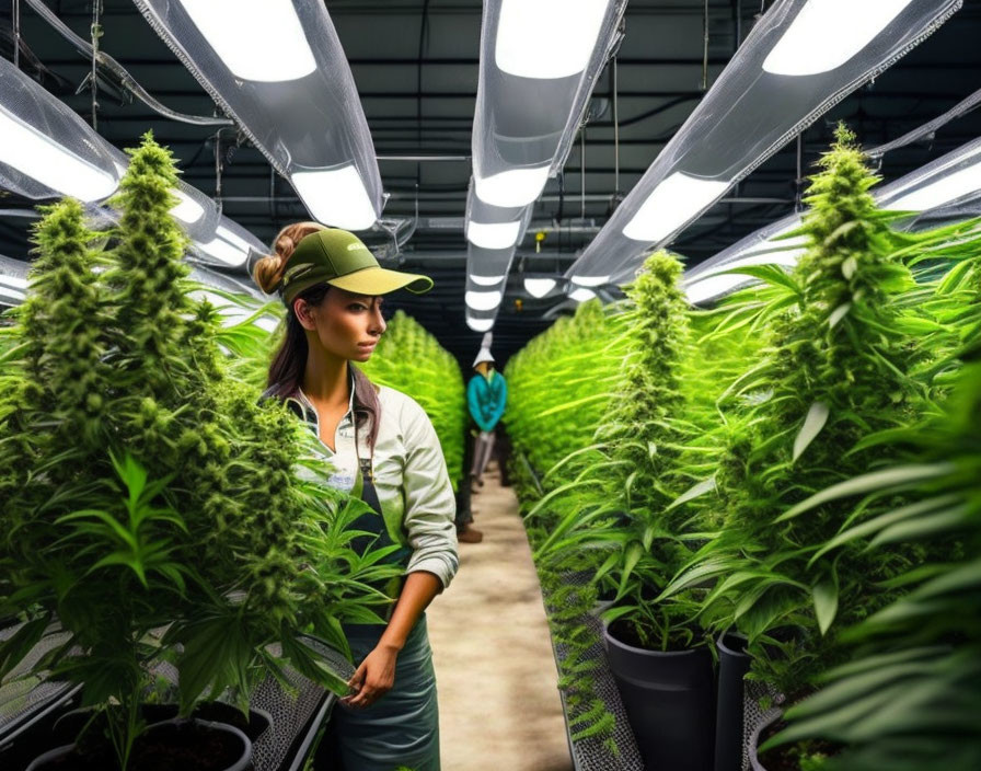 Person in cap next to cannabis plants under indoor lights