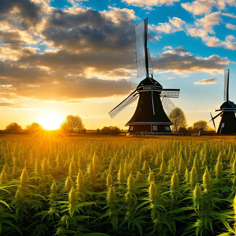 Scenic Dutch windmills at sunset in lush green field