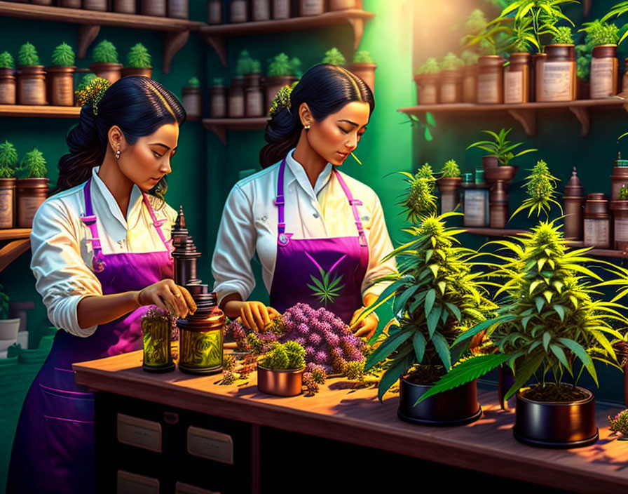 Two women in aprons tending plants and herbs in a room with shelves of jars