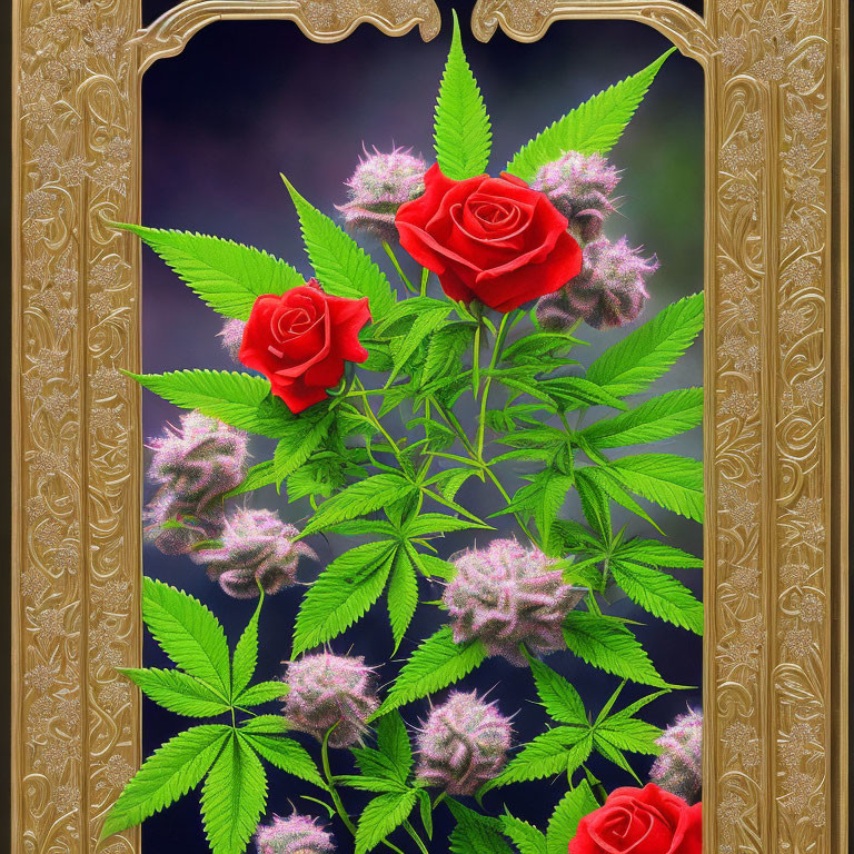 Colorful floral arrangement with golden border on dark background