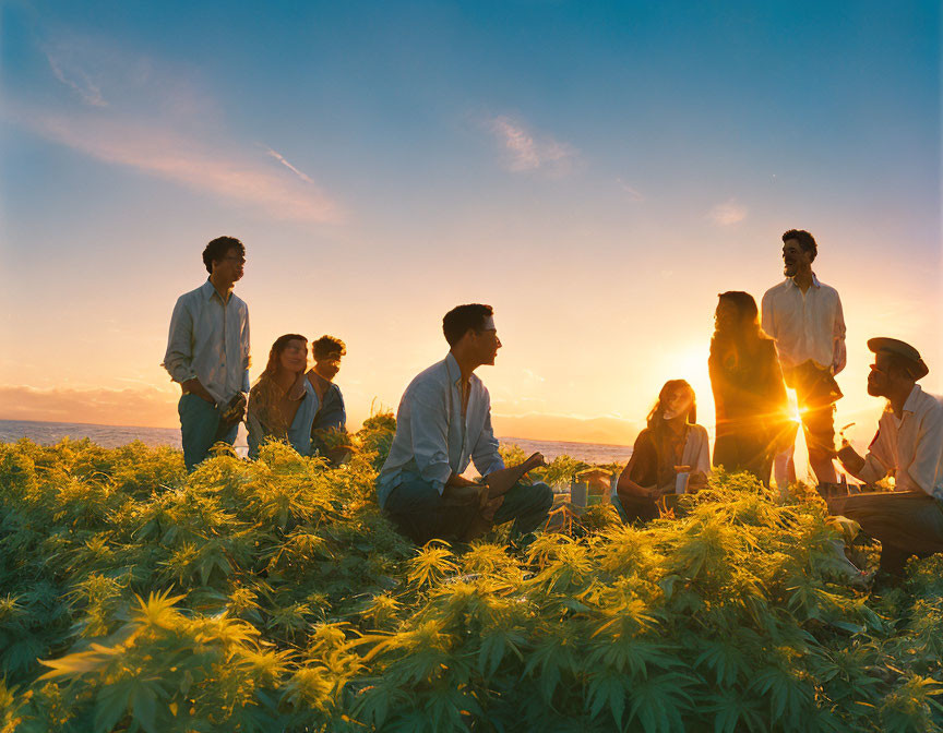 People silhouetted at sunset in a serene field