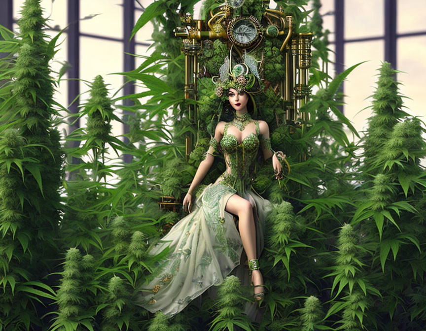 Fantasy woman in green attire surrounded by golden accessories and clocks