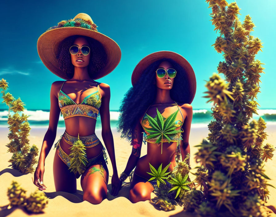 Two women in cannabis leaf swimwear and hats on sunny beach