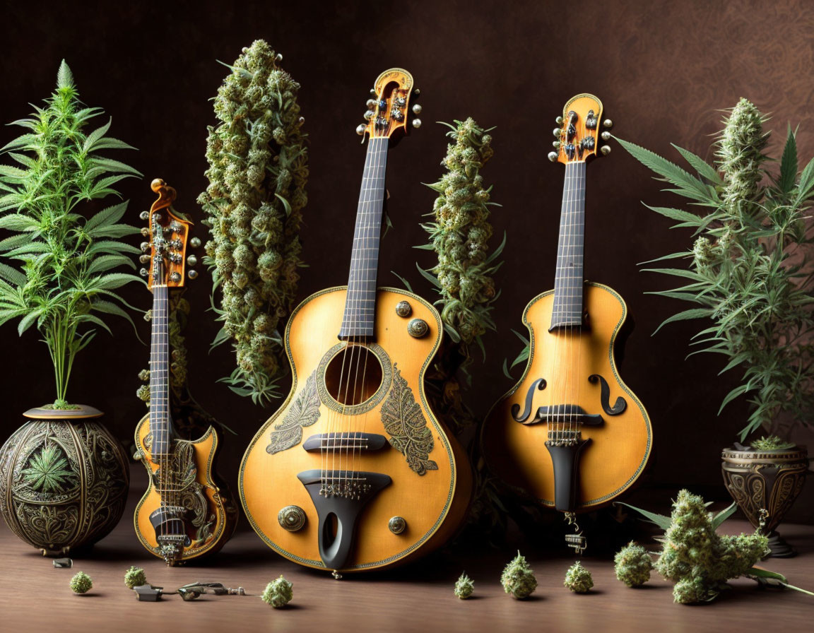 String Instruments with Cannabis Plants and Decorative Vases on Wooden Surface