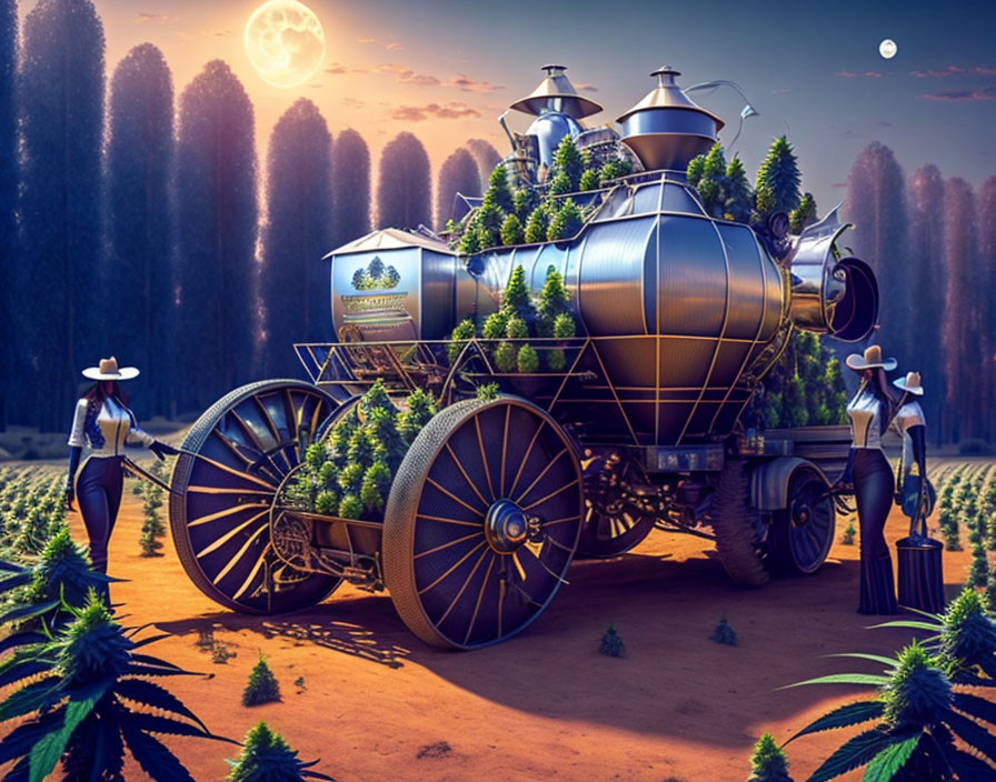 Steampunk-style wagon with overgrown plants and cowboy figures under moonlit sky