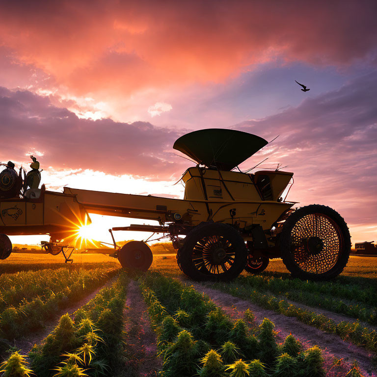 Vibrant sunset scene of agricultural machinery in field