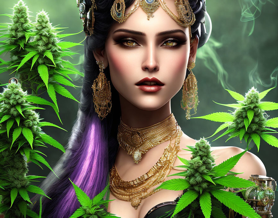 Digital artwork: Woman with green eyes, jewelry, and crown in mystical cannabis plant setting