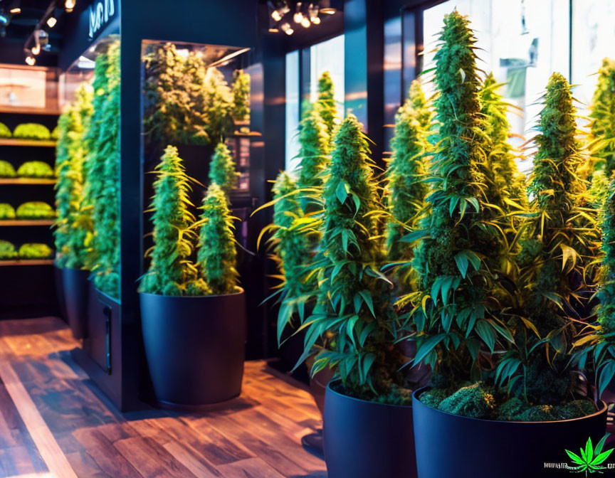 Vibrant cannabis plants in modern dispensary interior