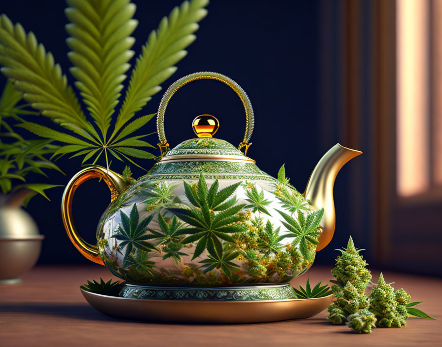 Decorated teapot with cannabis leaf motifs and buds on wooden surface