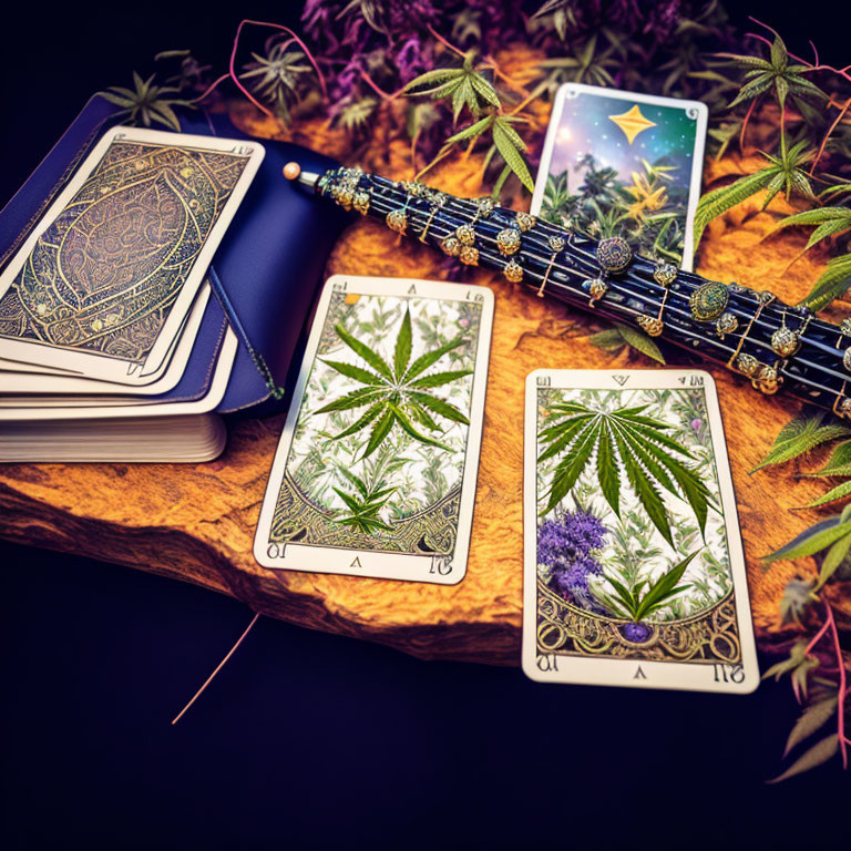 Cannabis-themed deck of cards, wand, and plant on wooden surface