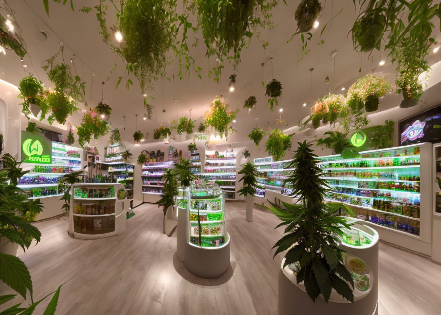 Contemporary dispensary interior with hanging plants, well-lit shelves, and circular cannabis leaf displays