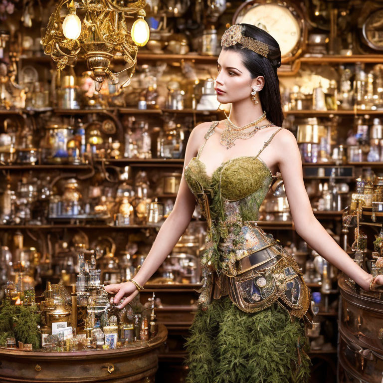 Elaborate green steampunk dress in clock-filled room